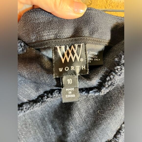 Denim skirt by WORTH w frayed diagonal detail, mini, excellent quality NWOT - Picture 3 of 7